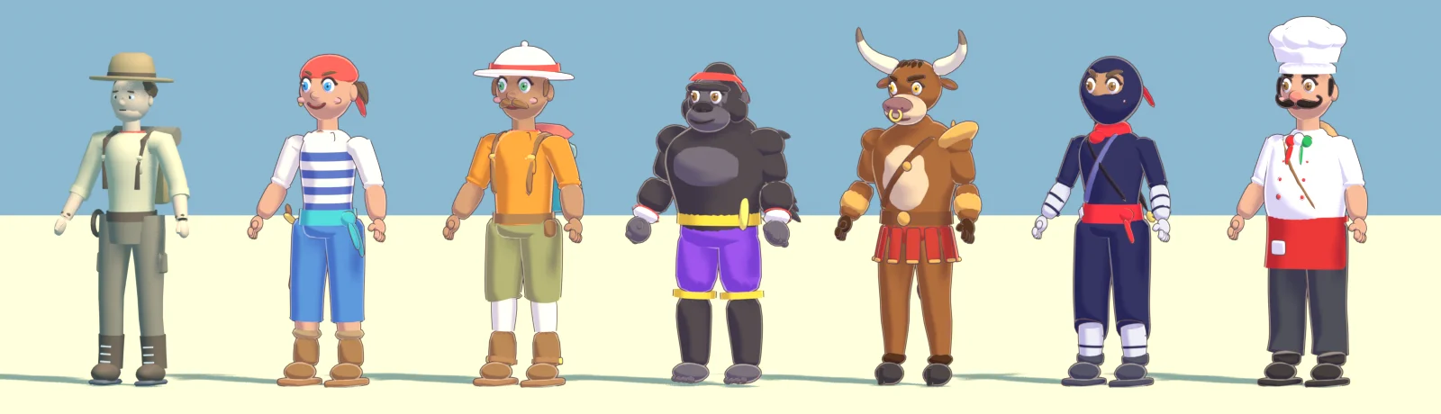 Seven playable heroes lined up, including Bongo the gorilla, Tauro the minotaur, Kiri the ninja and Chef Enzo